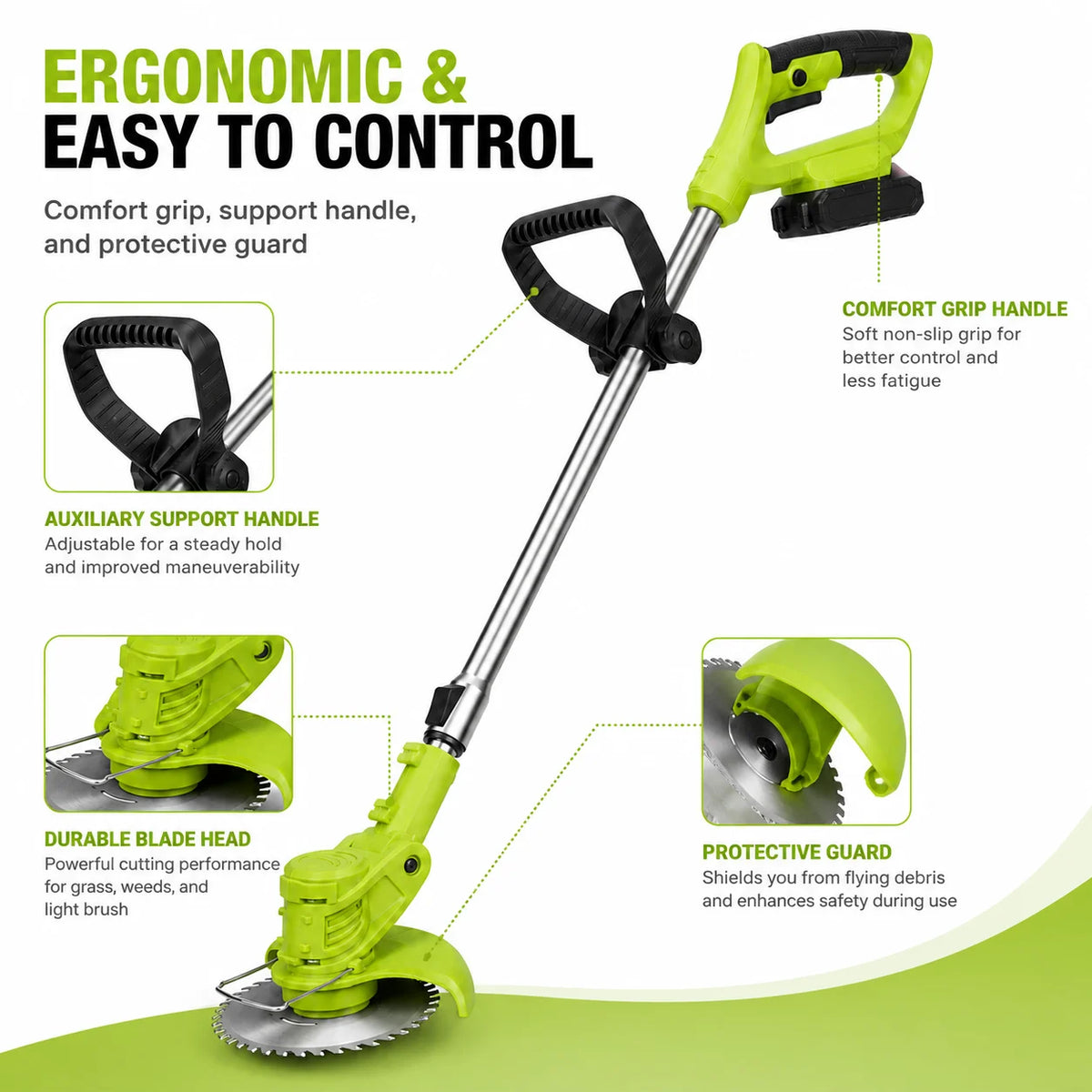 Tolife Cordless Weed Wacker String Trimmer, 2×2000mAh Battery Powered Electric Grass Trimmer, Adjustable Telescopic Pole Weed Eater with Metal Saw Blades, Full Accessory Kit for Lawn Yard Garden Weed Grass Cutting
