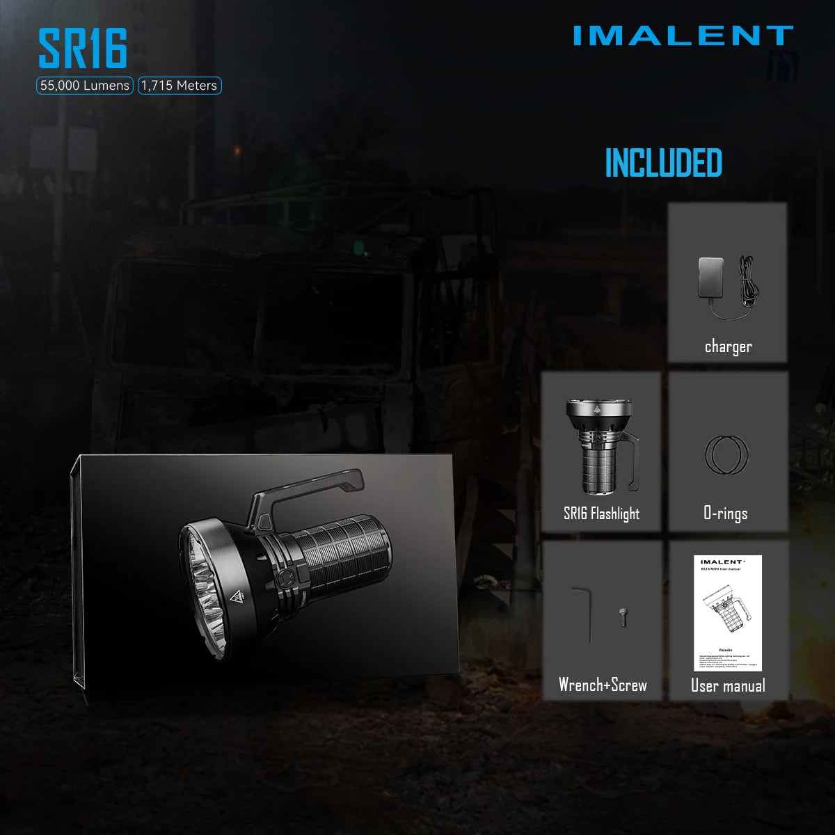 IMALENT SR16 55000 Lumen Tactical Flashlight Rechargeable Zoom Searchlight
