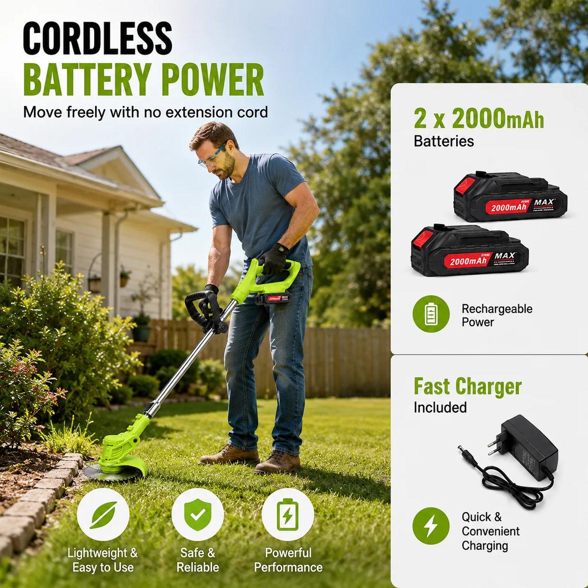 Tolife Cordless Weed Wacker String Trimmer, 2×2000mAh Battery Powered Electric Grass Trimmer, Adjustable Telescopic Pole Weed Eater with Metal Saw Blades, Full Accessory Kit for Lawn Yard Garden Weed Grass Cutting