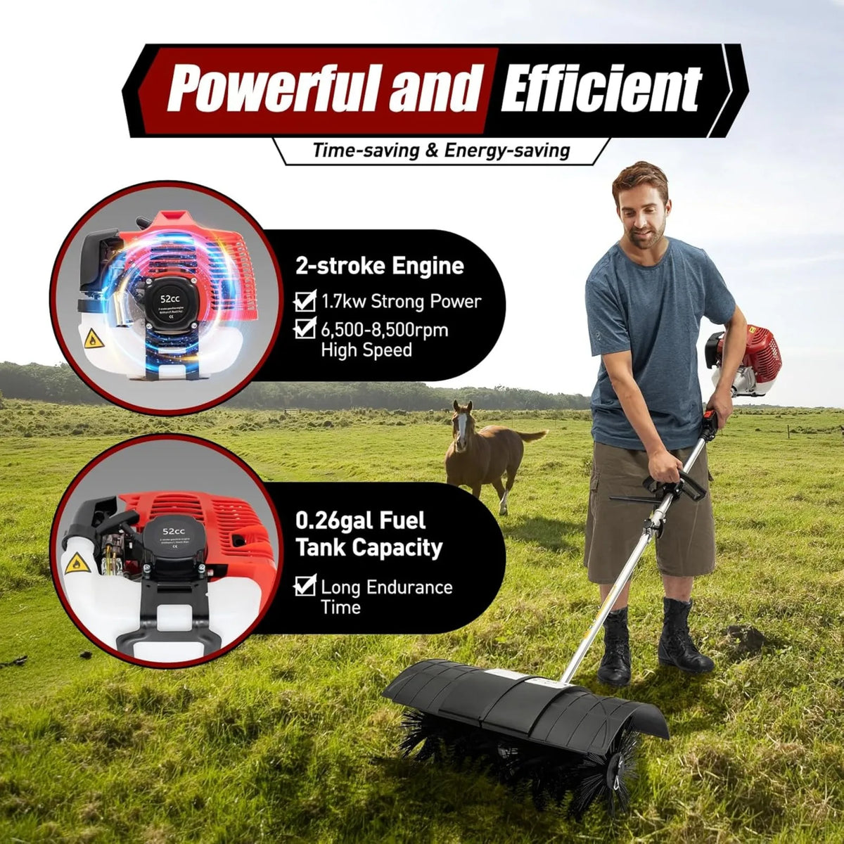 52CC 2 Stroke Gas Handheld Sweeper Broom, 1700W 2.3HP Gas Powered Artificial Lawn Sweeper, Outdoor Hand Held Gas Power Broom