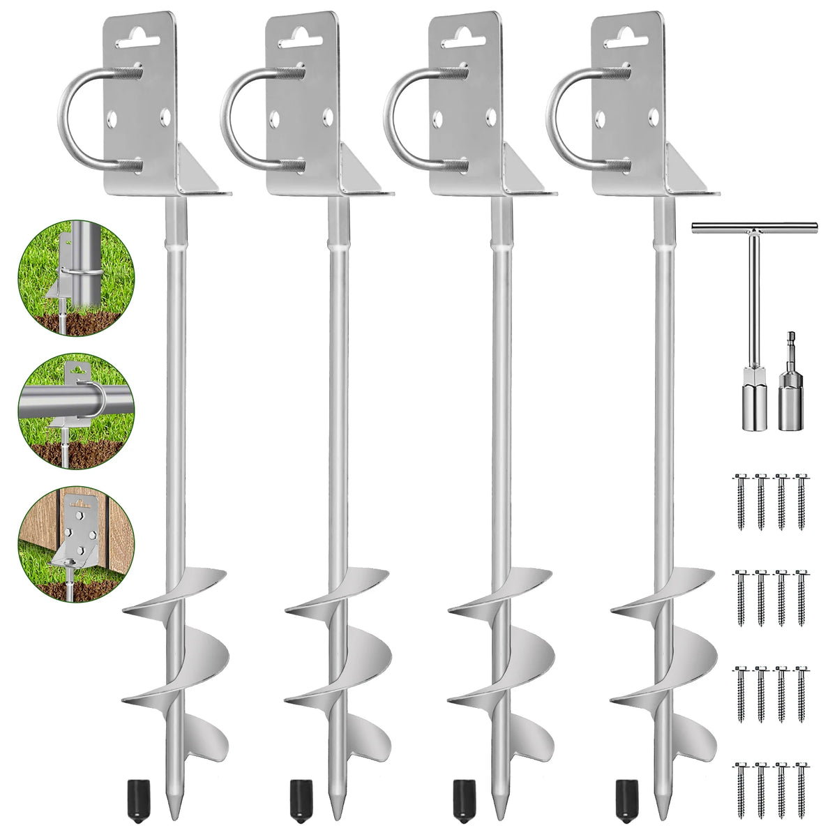 4 Pack 20 & 28 " Ground Anchors Screw in Shed Anchor with L Bracket Trampoline Anchor Spiral Swingset Anchors for Swing Set, Mobile Home, Fence, Playset, Tent, Canopy Carport Silver Black