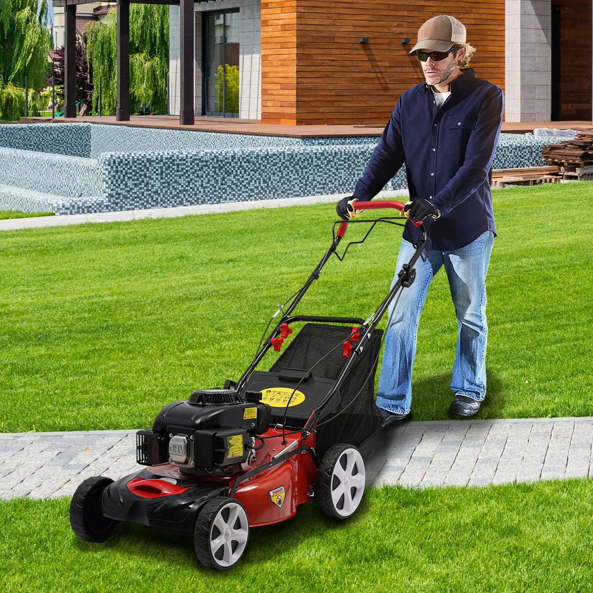 Self-Propelled Gas Lawn Mower 140cc 4-Stroke OHV Engine 20in Cutting Width 8-Height Adjustable 60L Grass Catcher