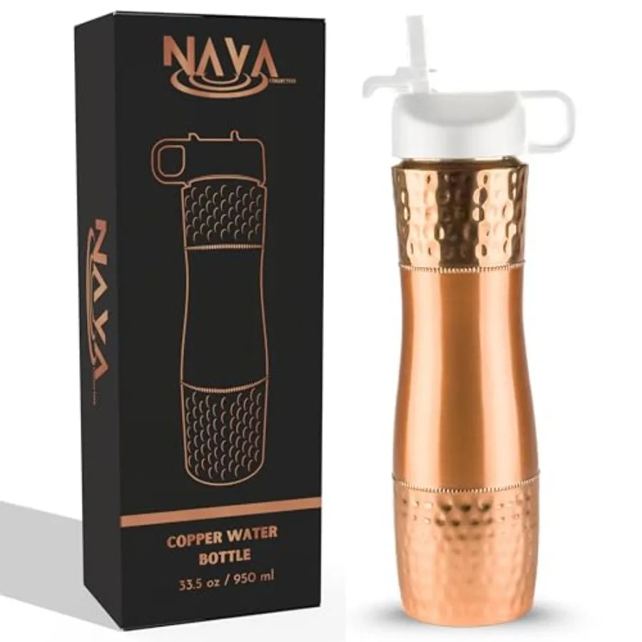 Ayurvedic Copper Water Bottle With Straw And Sports Lid