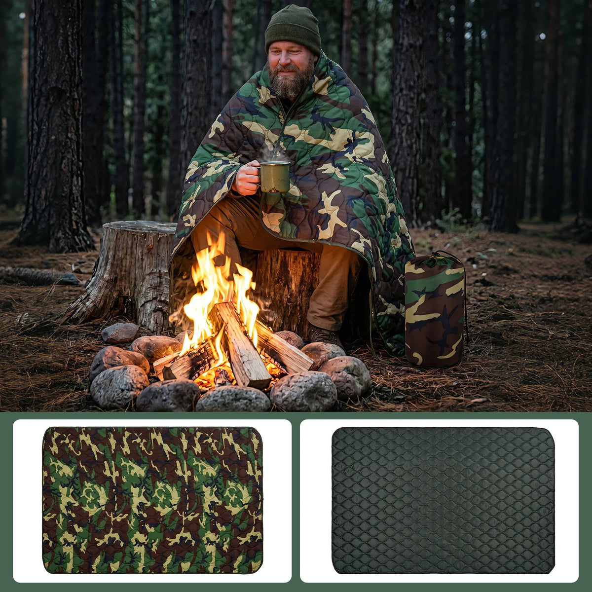 Lightweight Quilted Camping Blanket and Outdoor Survival Poncho Liner