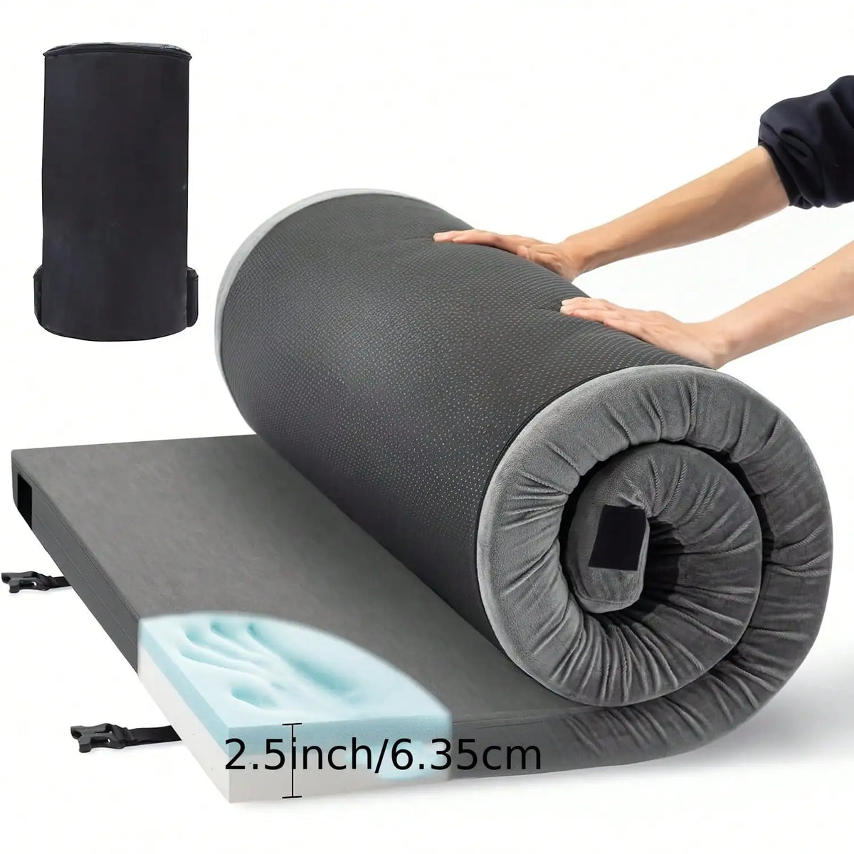 2.5 Inch Memory Foam Camping Pad, Waterproof Roll Up Sleeping Pad For Adults, Comfortable Thick Floor Sleeping Mats For Car Truck Tent With Removable Travel Bag