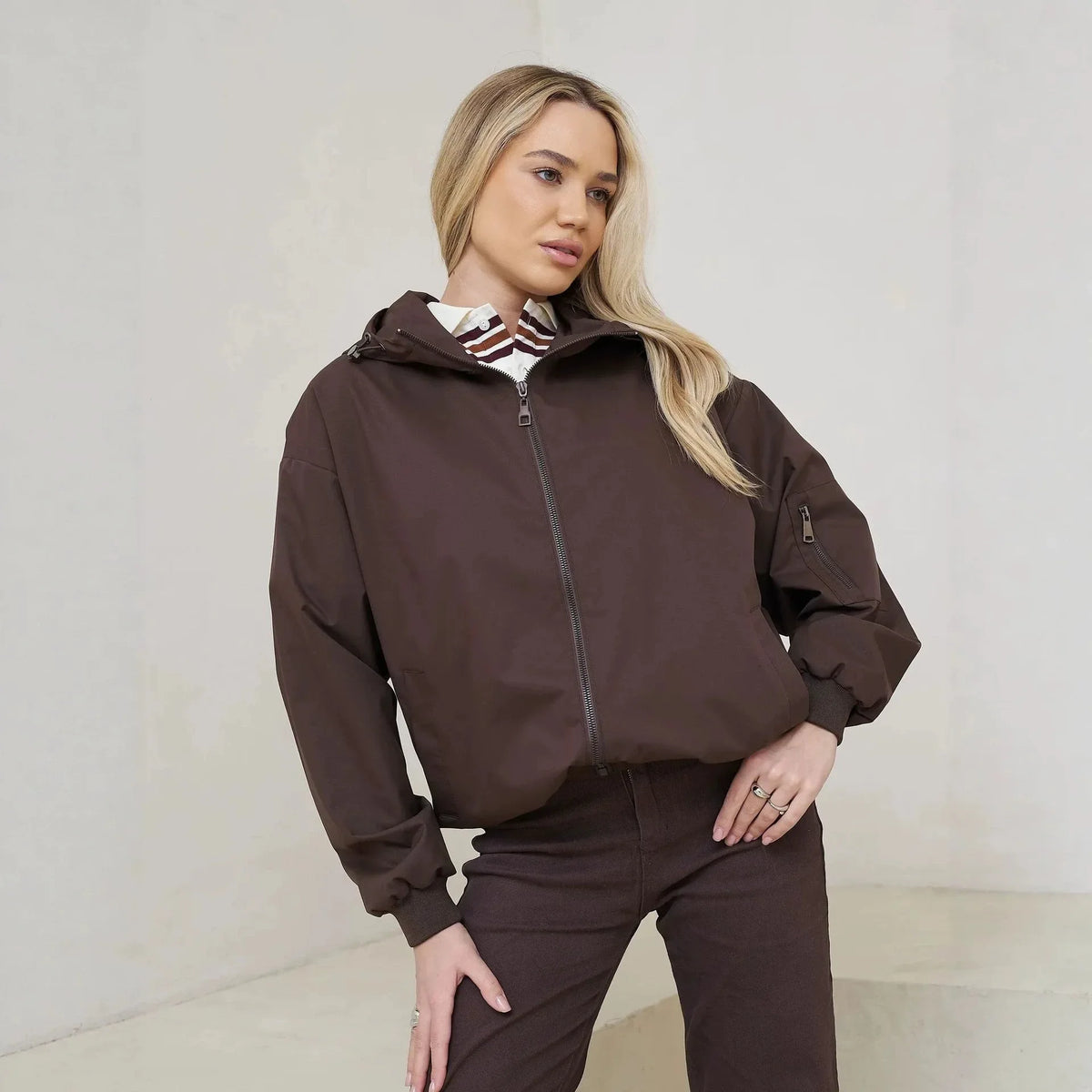 Womens Windproof Hooded Jacket With Secure Zipper Closure