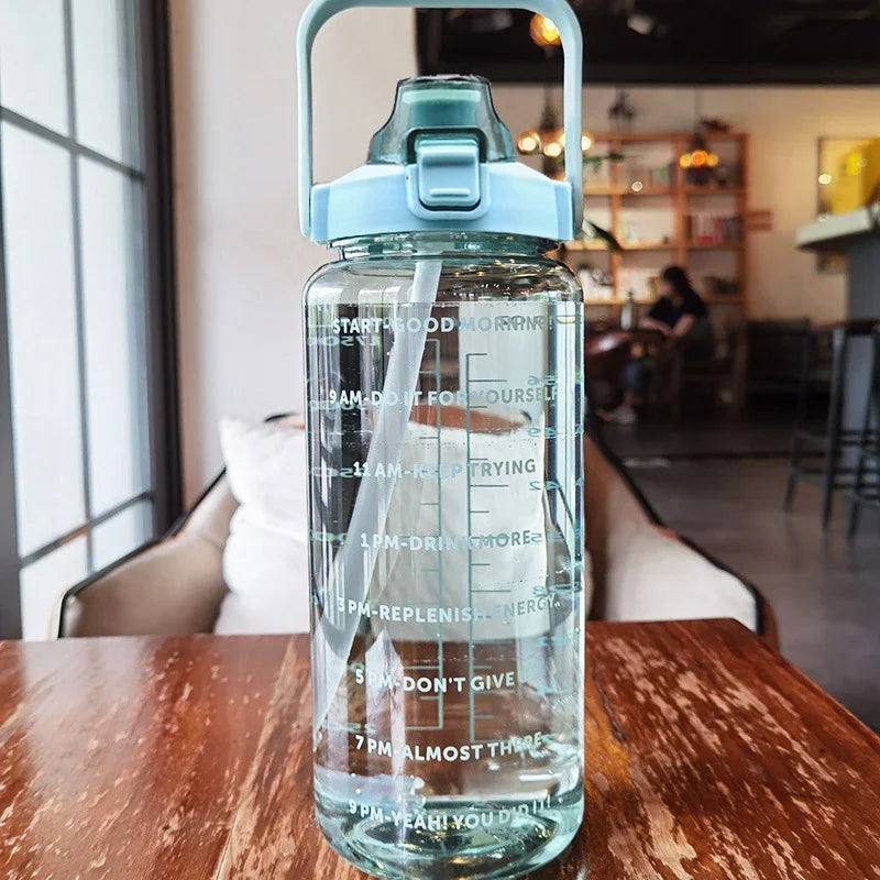 2 Liters Plastic Kettle Large Portable Travel Water Bottle with Straw Sports Fitness Cup High Value Big Fat Cup Adult Universal