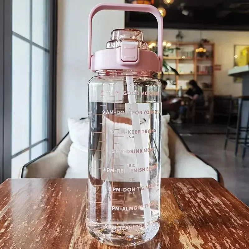 2 Liters Plastic Kettle Large Portable Travel Water Bottle with Straw Sports Fitness Cup High Value Big Fat Cup Adult Universal