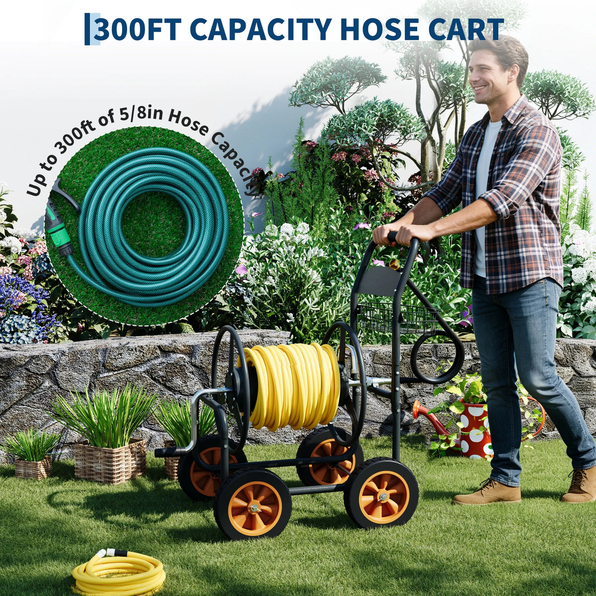 Upgrade Hose Reel Cart Garden Hose Cart 4 Wheels 300FT Capacity with Buckle 1.8m 20mm Hose Outdoor Water Hose Storage Trolley Easy Assembly – For Lawn, Yard, Patio, Car Washing