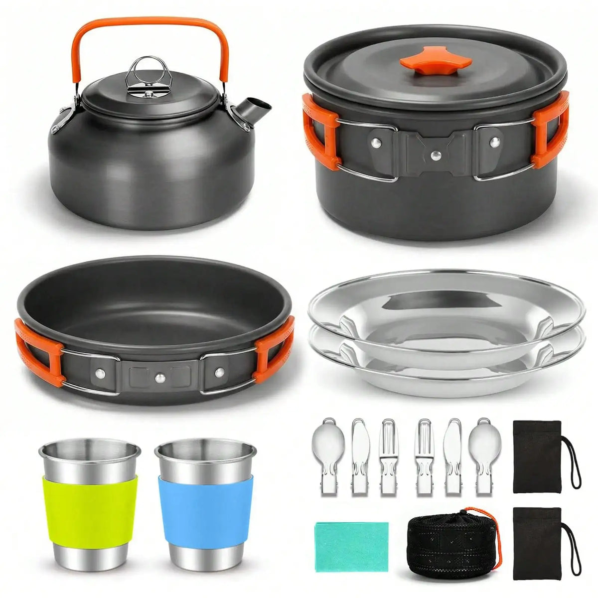 14PCS Camping Cookware Set, Non-Stick Outdoor Cooking Kit With Frying Pan, Pot With Lid, Kettle, 2 Stainless Steel Plates, 2 Folding Cups, 2 Knives Fork Spoons, Perfect For Camping, Hiking, Backpacking & Picnic