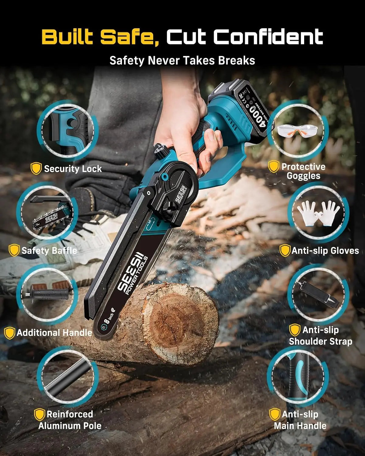 Seesii Cordless Brushless Telescopic Pole Chainsaw for Tree Trimming