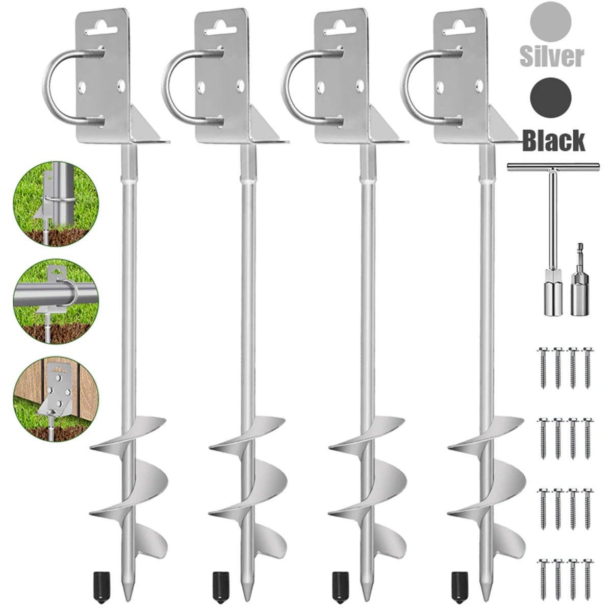 4 Pack 20 & 28 " Ground Anchors Screw in Shed Anchor with L Bracket Trampoline Anchor Spiral Swingset Anchors for Swing Set, Mobile Home, Fence, Playset, Tent, Canopy Carport Silver Black