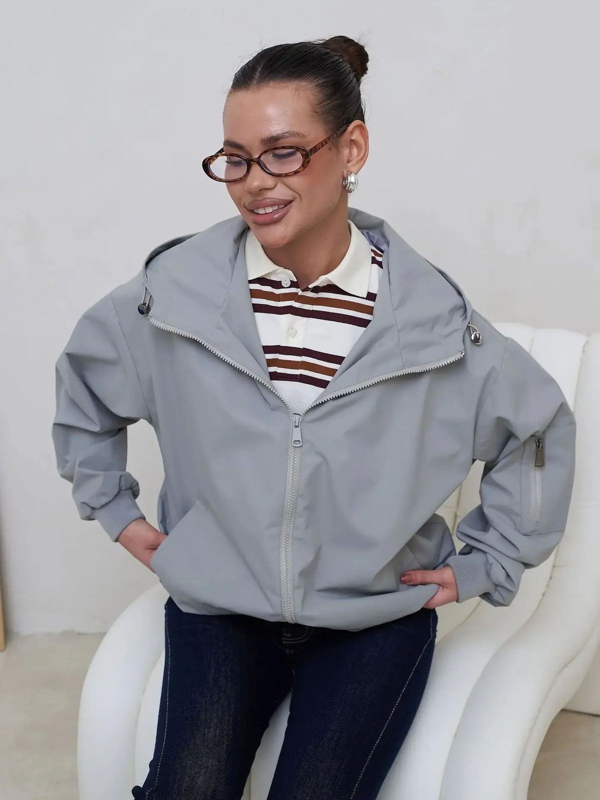 Womens Windproof Hooded Jacket With Secure Zipper Closure