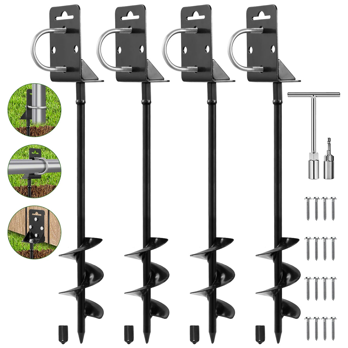 4 Pack 20 & 28 " Ground Anchors Screw in Shed Anchor with L Bracket Trampoline Anchor Spiral Swingset Anchors for Swing Set, Mobile Home, Fence, Playset, Tent, Canopy Carport Silver Black