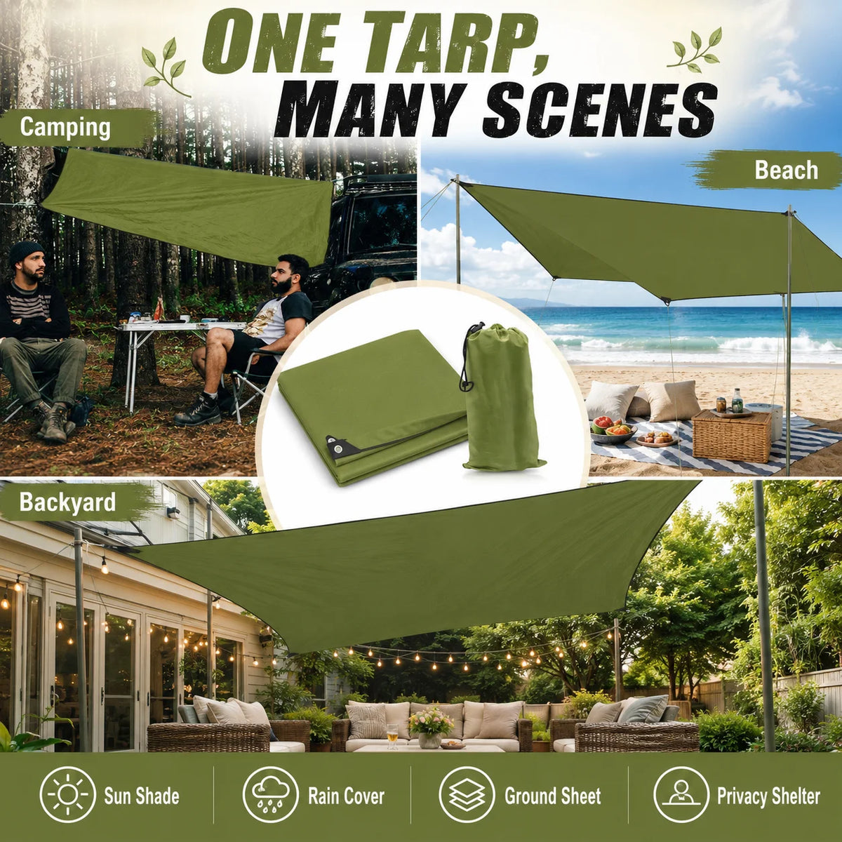 Outdoor Waterproof Camping Tarp Shelter With Grommets For Hiking and Camping
