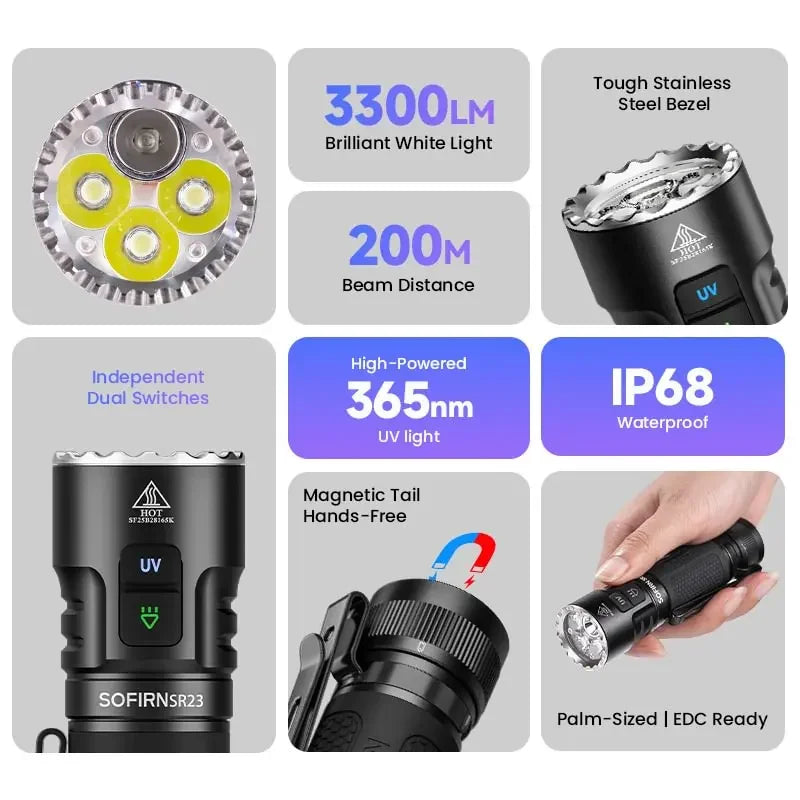 Sofirn SR23 Rechargeable UV Flashlight With Dual Switch Magnetic Tailcap