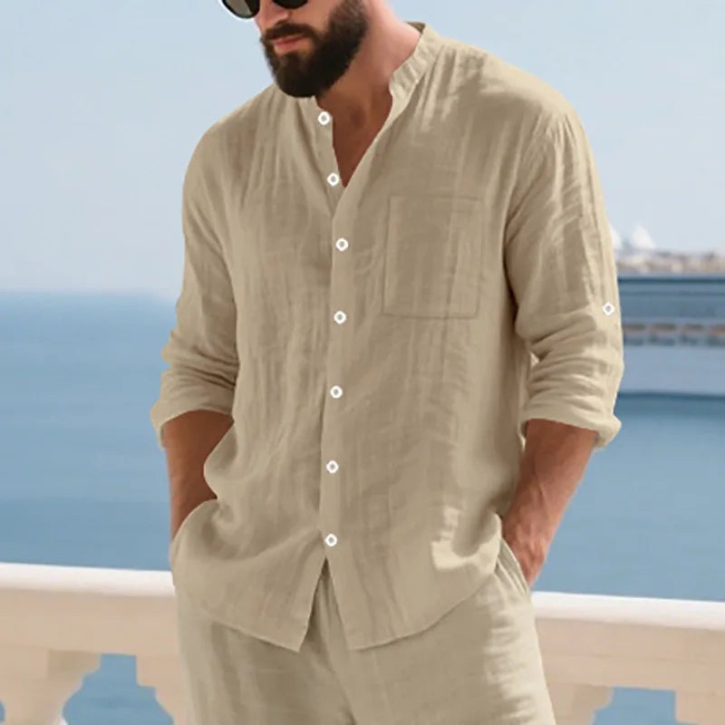 Men Linen Button Down Mandarin Collar Long Sleeve Shirt