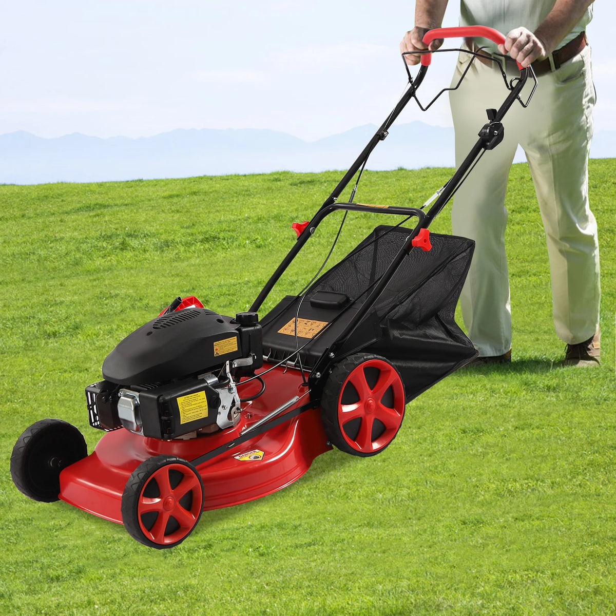 Self-Propelled Gas Lawn Mower 140cc 4-Stroke OHV Engine 20in Cutting Width 8-Height Adjustable 60L Grass Catcher