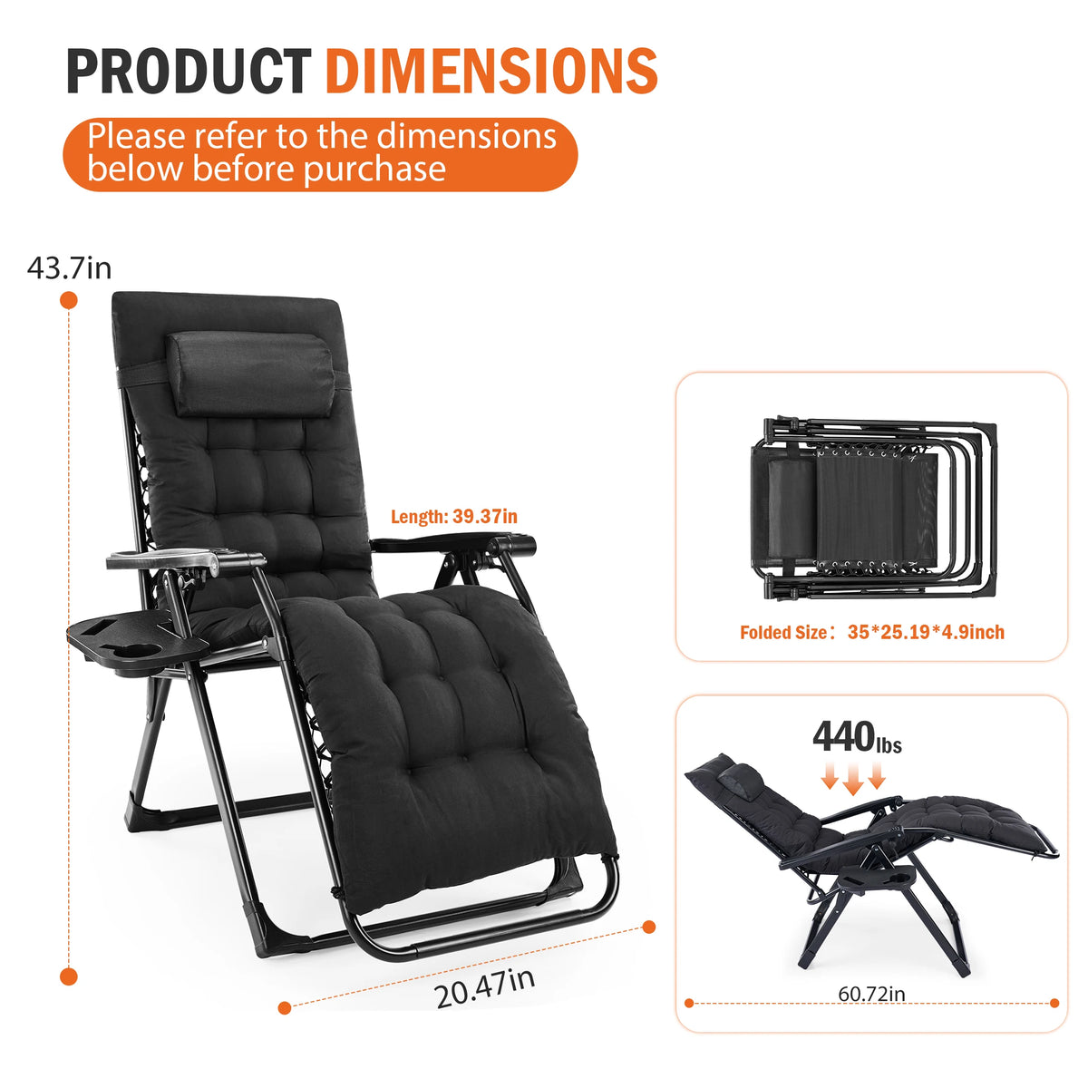 JHK Zero Gravity Reclining Camping Chair With Cushion Cup Holder