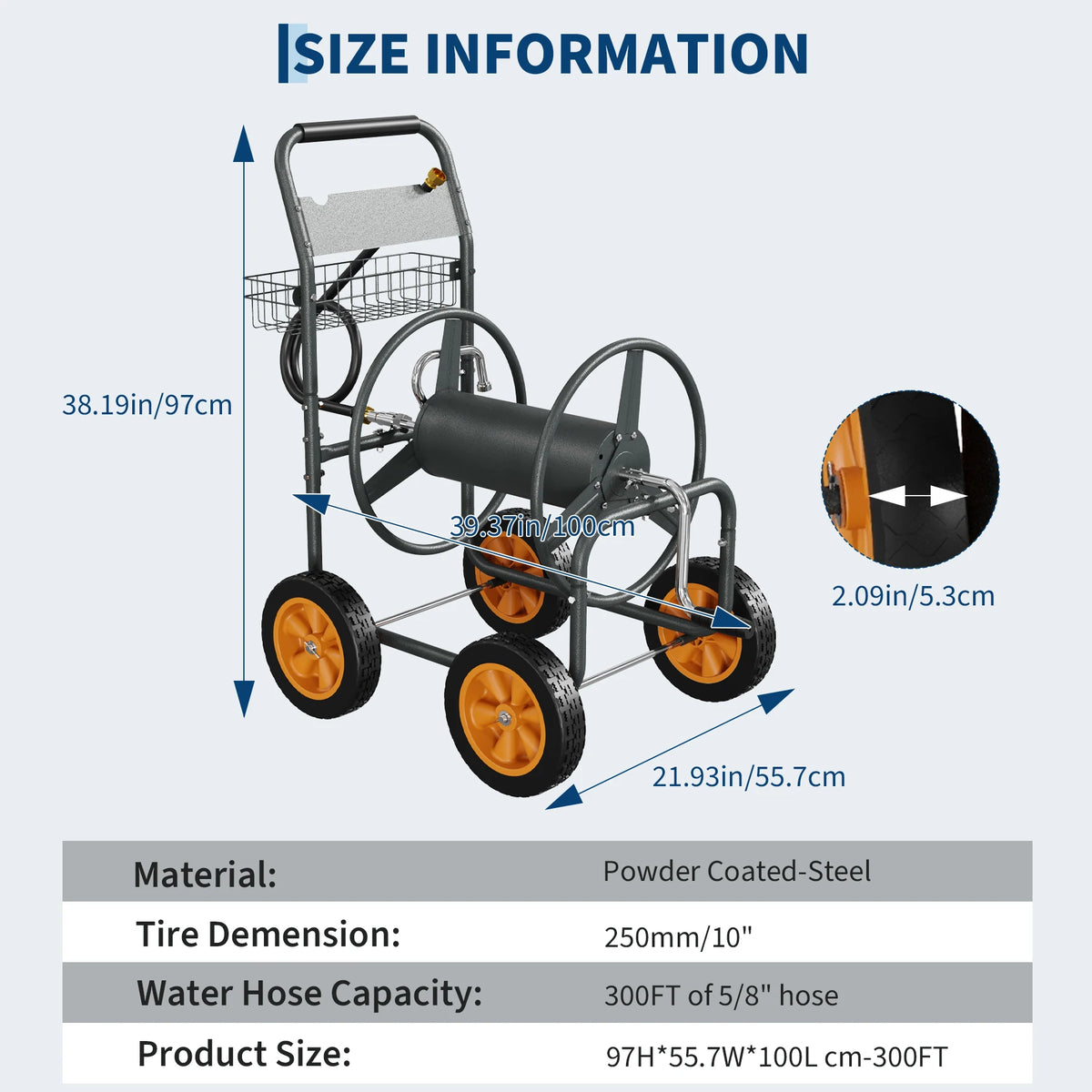 Upgrade Hose Reel Cart Garden Hose Cart 4 Wheels 300FT Capacity with Buckle 1.8m 20mm Hose Outdoor Water Hose Storage Trolley Easy Assembly – For Lawn, Yard, Patio, Car Washing