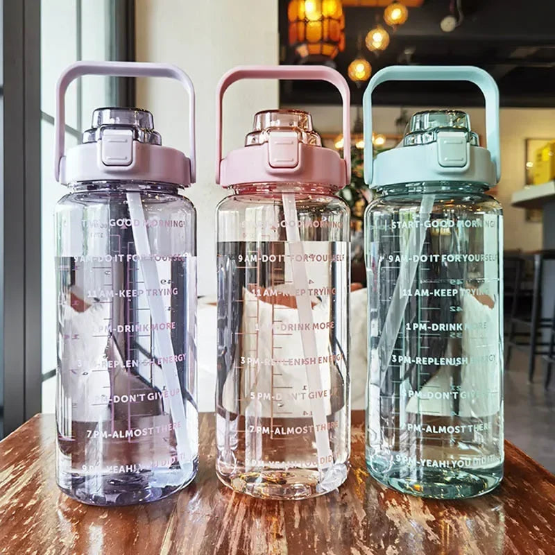 2 Liters Plastic Kettle Large Portable Travel Water Bottle with Straw Sports Fitness Cup High Value Big Fat Cup Adult Universal