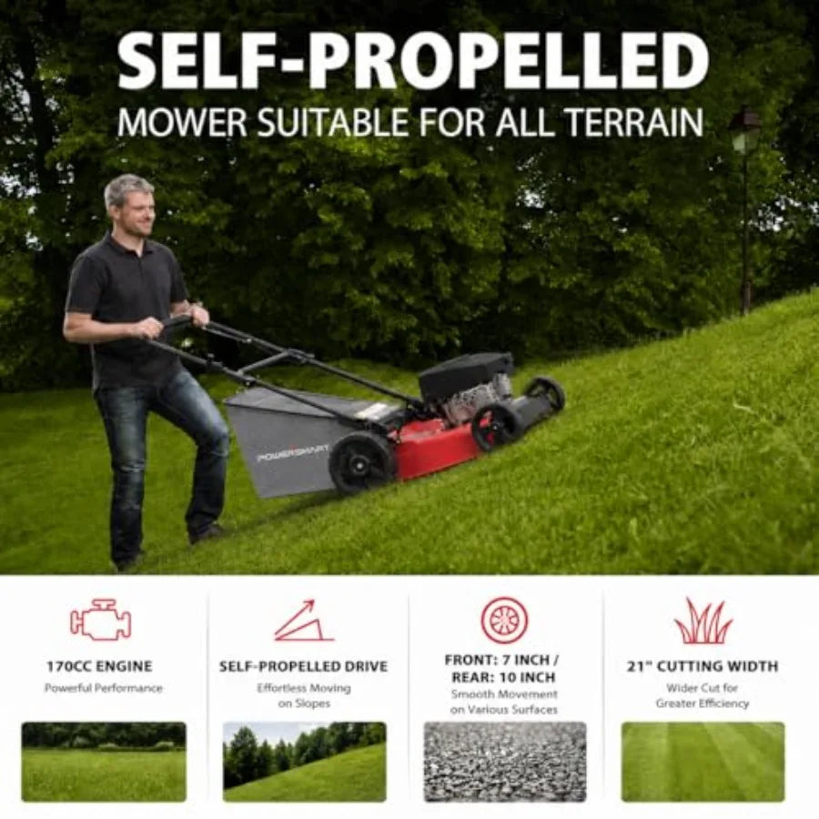 21 Gas Self-Propelled Lawn Mower for Hills Medium Yards 170cc OHV 3-in-1 Mulching/Bagging/Discharge 6-Position Height Alloy Ste
