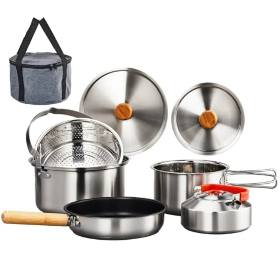 Lightweight Stainless Steel Camping Cookware Set With Carry Bag
