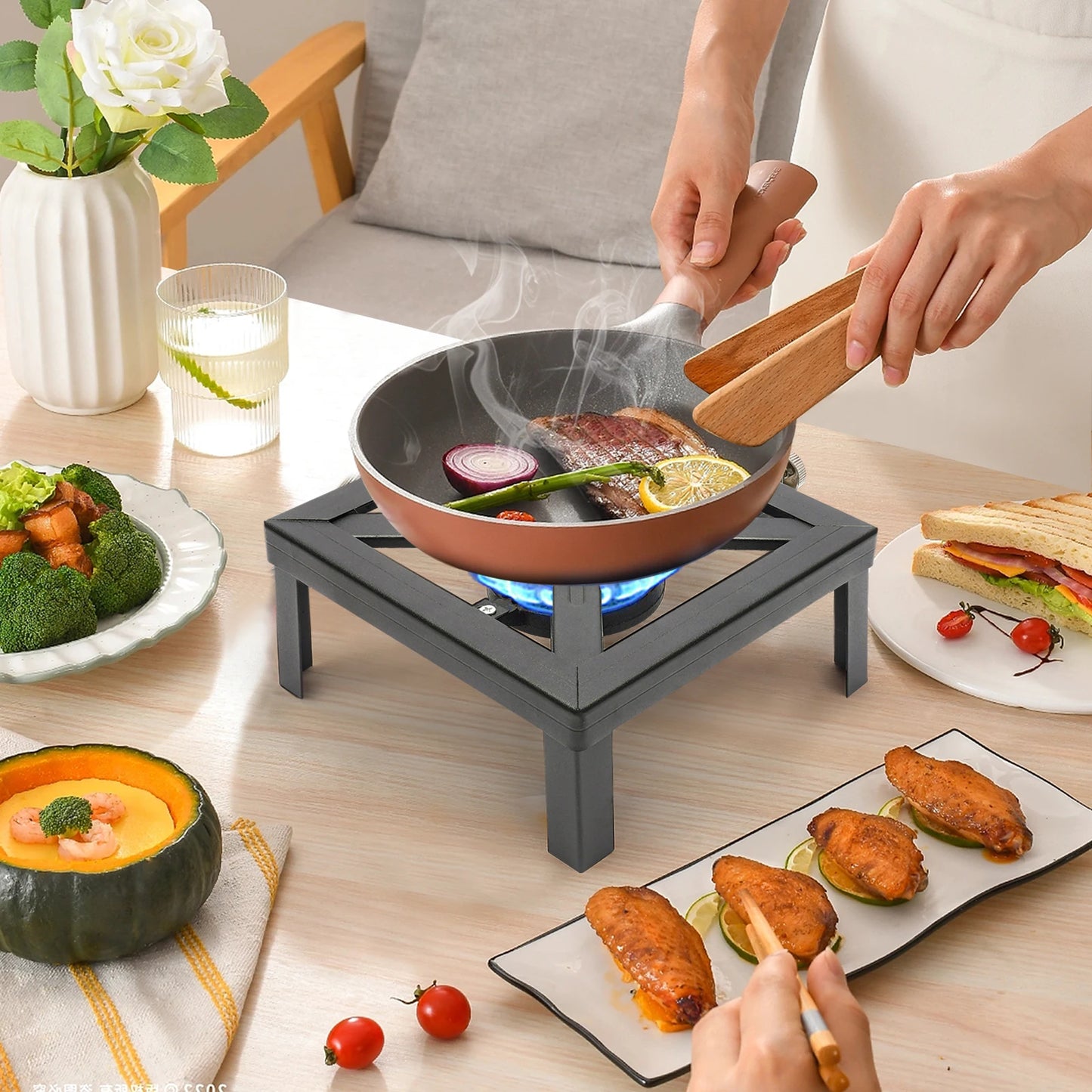 8000W High Power Camping Stove, Single Burner Cast Iron Portable Gas Cooker with Regulator Hose, for Outdoor Picnic BBQ RV