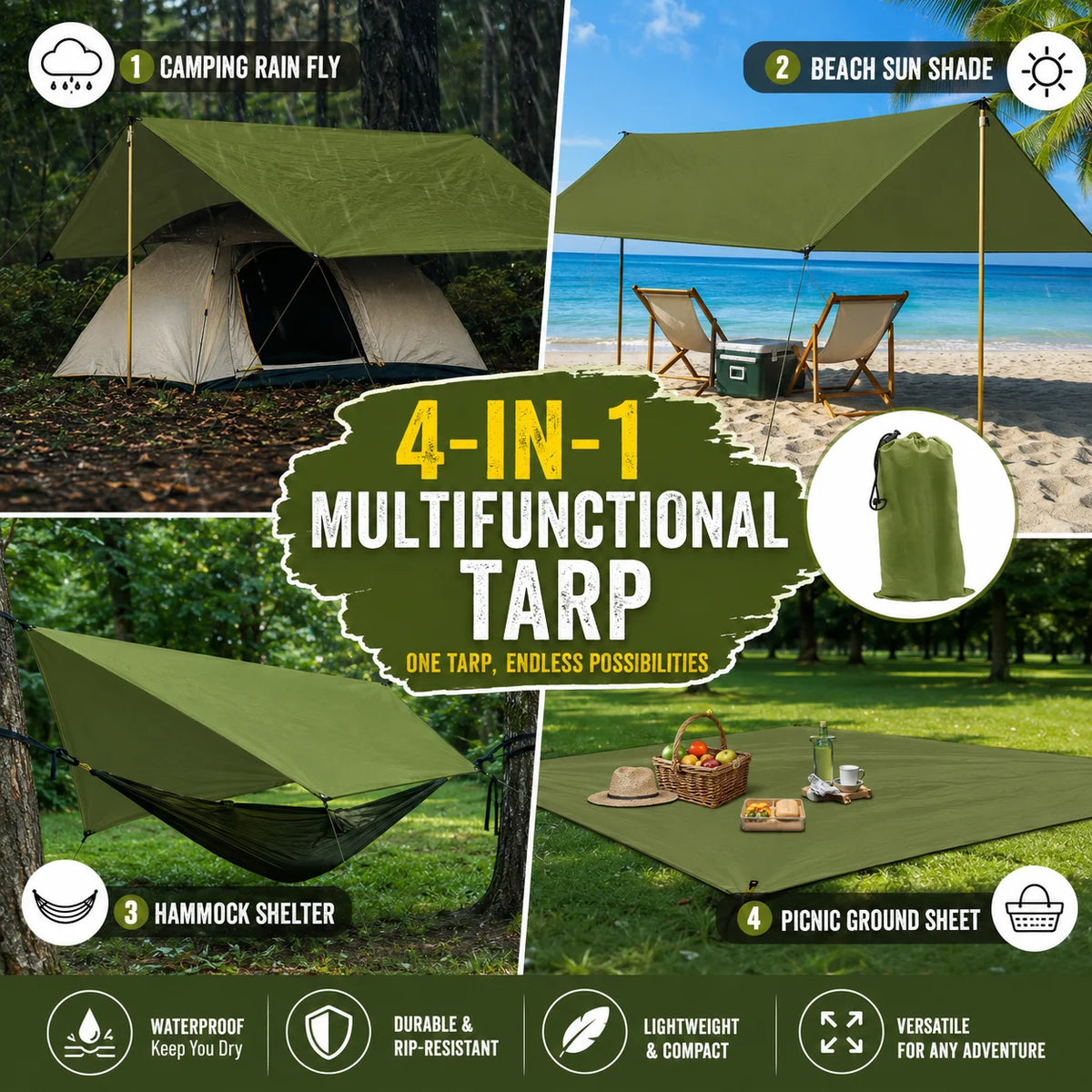 Outdoor Waterproof Camping Tarp Shelter With Grommets For Hiking and Camping