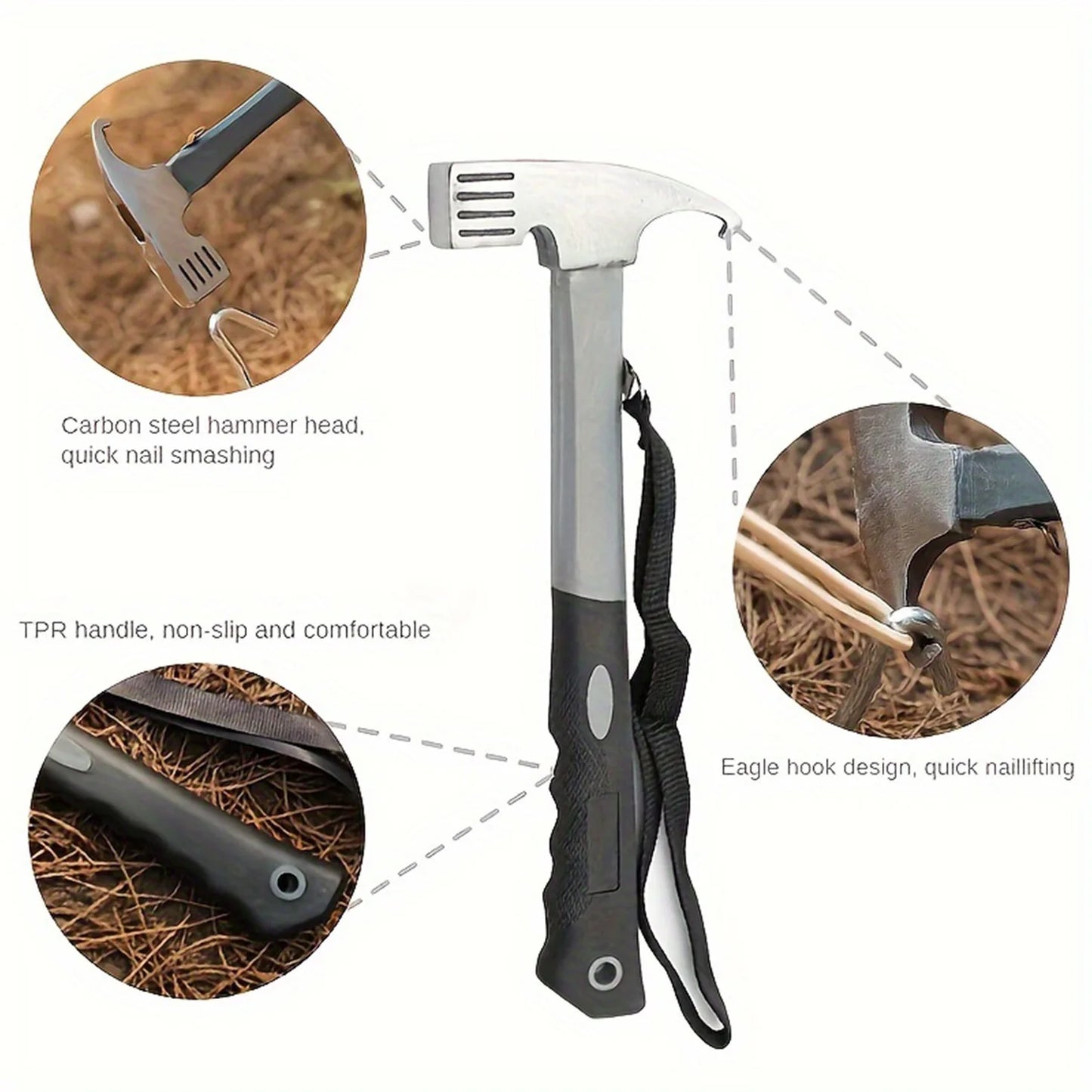 Camping Hammer with Tent Stake Remover - 10.8" Heavy Duty Multifunctional Steel Mallet Tool, Ergonomic Rubber Grip Handle