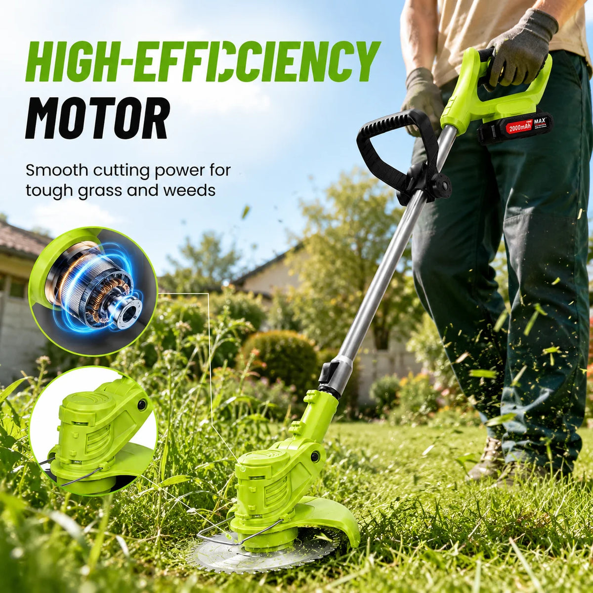Tolife Cordless Weed Wacker String Trimmer, 2×2000mAh Battery Powered Electric Grass Trimmer, Adjustable Telescopic Pole Weed Eater with Metal Saw Blades, Full Accessory Kit for Lawn Yard Garden Weed Grass Cutting