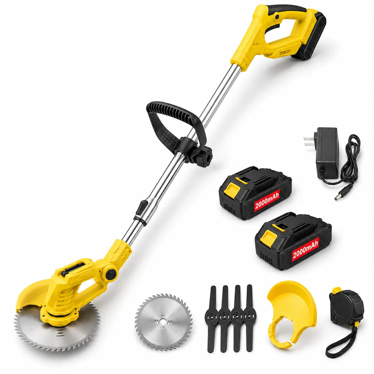 Tolife Cordless Weed Wacker String Trimmer, 2×2000mAh Battery Powered Electric Grass Trimmer, Adjustable Telescopic Pole Weed Eater with Metal Saw Blades, Full Accessory Kit for Lawn Yard Garden Weed Grass Cutting