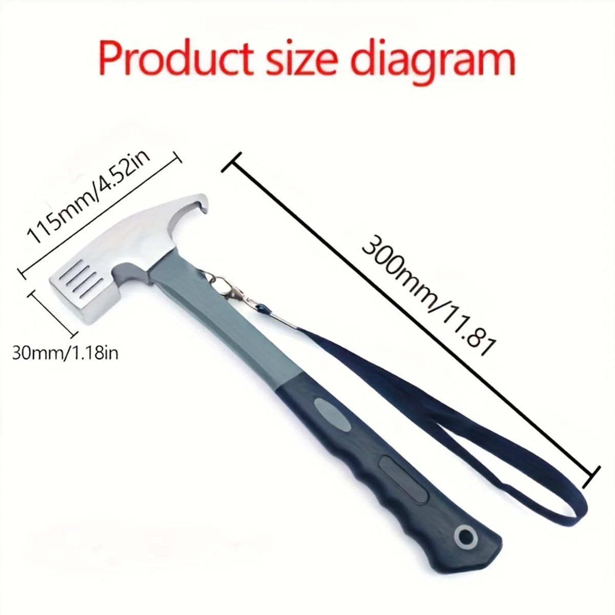 Camping Hammer with Tent Stake Remover - 10.8" Heavy Duty Multifunctional Steel Mallet Tool, Ergonomic Rubber Grip Handle