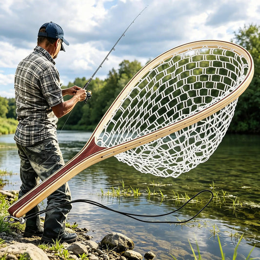 Fishing Net for Trout, Fly Fishing Net with Soft Rubber Mesh, Wooden Handle Fishing Net for Freshwater & Saltwater Fishing, Catch and Release, Gift for Anglers & Fly Fishing Enthusiasts
