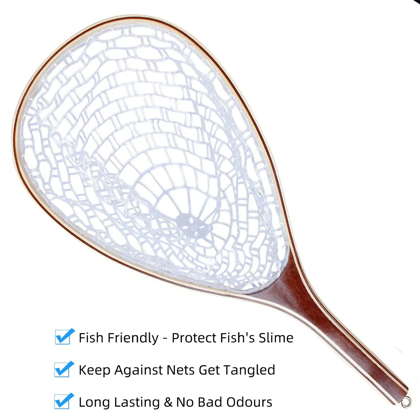 Fishing Net for Trout, Fly Fishing Net with Soft Rubber Mesh, Wooden Handle Fishing Net for Freshwater & Saltwater Fishing, Catch and Release, Gift for Anglers & Fly Fishing Enthusiasts