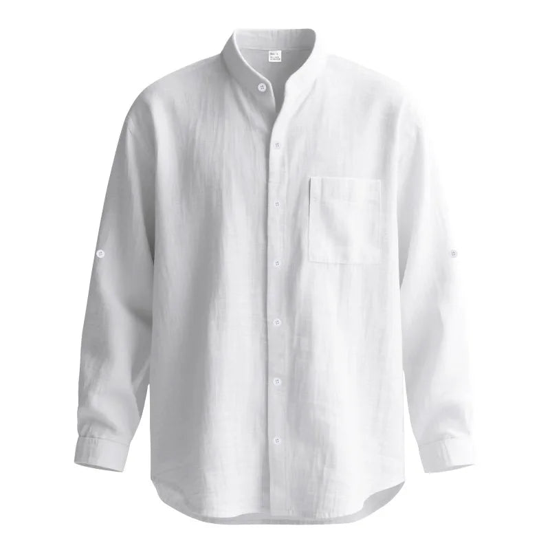 Men Linen Button Down Mandarin Collar Long Sleeve Shirt