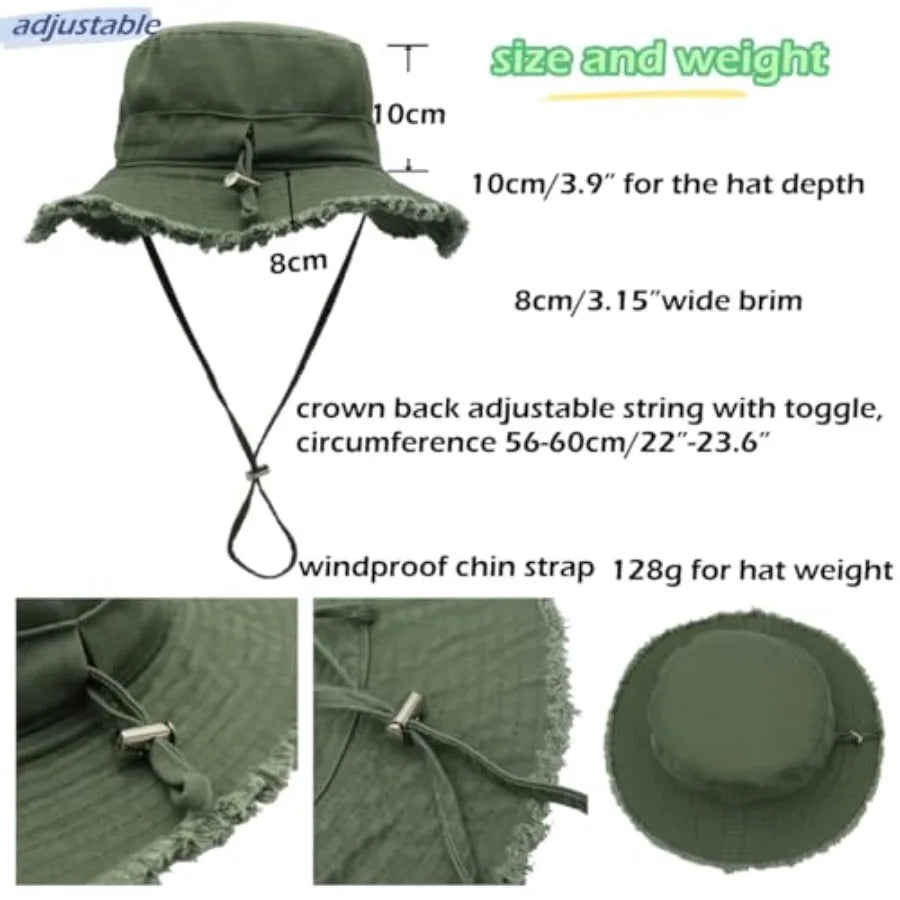Womens UPF50+ Cotton Wide Brim Sun Hat with Strap Ladies Summer Floppy Hats Packable Women Washed Fringes Bucket Hat