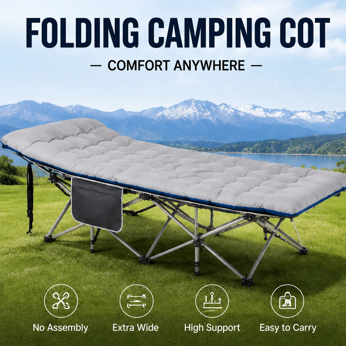Portable Folding Camping Cot with Thick Mattress – Extra Wide Outdoor Bed with Side Pocket – No Assembly Needed, Heavy Duty Steel Frame for Tent, Hiking, Travel – Easy Carry Sleep System