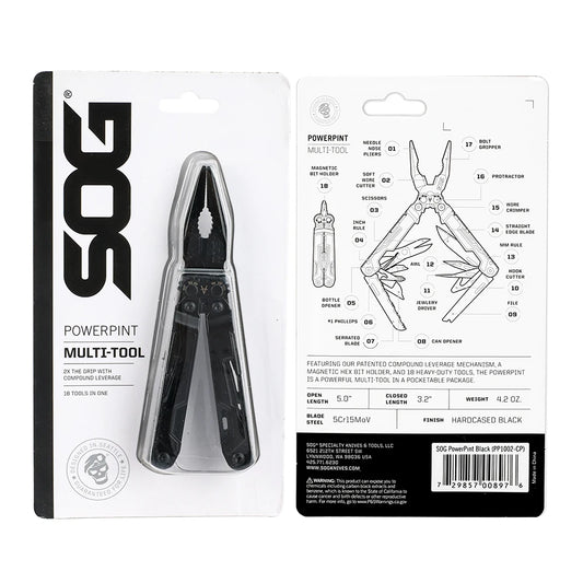 SOG 18 in 1 PowerPint Mini Multi-tool Stainless Steel Pocket EDC Multifunctional Pliers with Folding Knife Screwdrivers Scissors For Survival Fishing Hiking Cycling Travel DIY Home Emergency Repair Portable Camping Tools and
