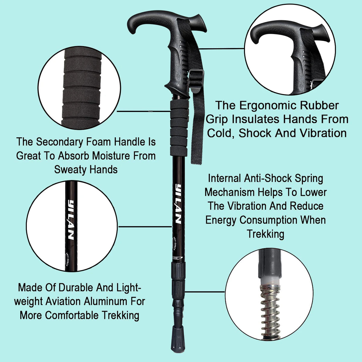 Ultralight hiking poles with shock absorption and quick-locking system, made of aluminum alloy, suitable for outdoor mountaineering, hiking, trekking, backpacking, and camping.