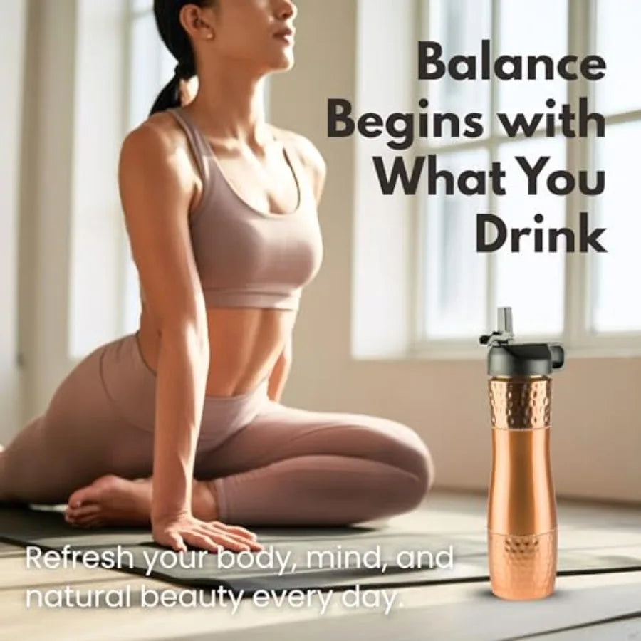 Ayurvedic Copper Water Bottle With Straw And Sports Lid