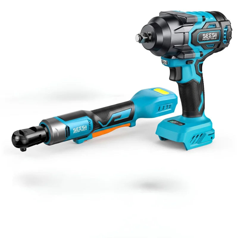 Seesii 3/8" Ratchet Wrench & 1000N.m Impact Wrench Kit Extended Cordless Electric Brushless Torque Impact Gun with 21v 4.0Ah Battery