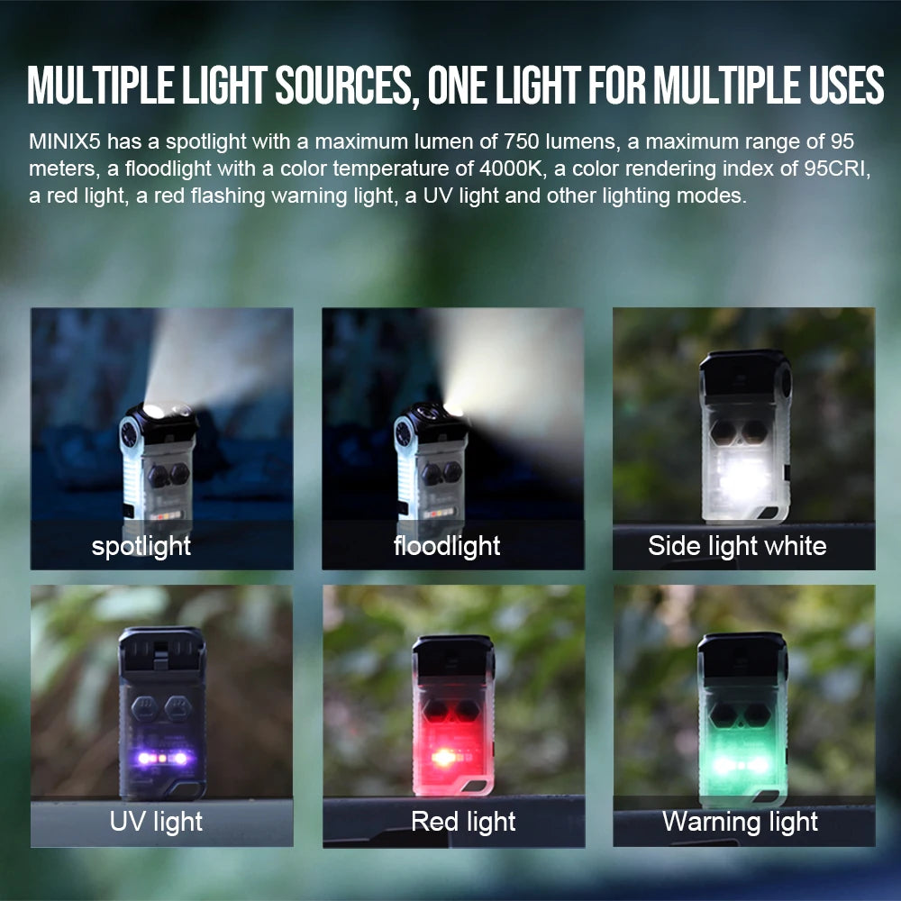Trustfire MINIX5 750LM EDC Flashlight Rechargeable IP66 Waterproof Red UV Light Floodlight Spotlight Side Light Compact LED Torch Camping Hiking Emergency Everyday Carry