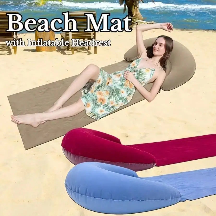Inflatable Flocking Beach Mat with Integrated Pillow Headrest