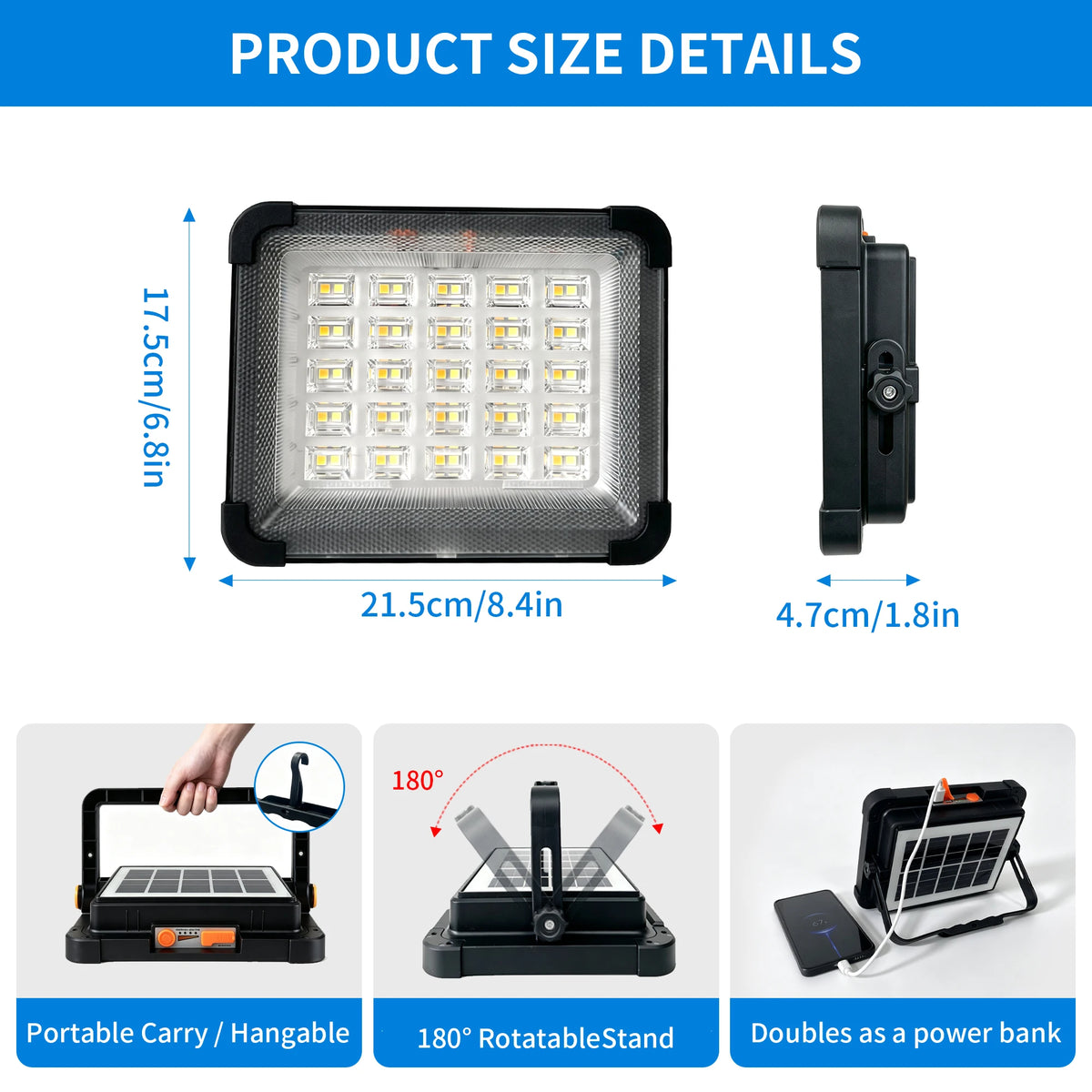 Morglad Portable LED Solar Floodlight Rechargeable Outdoor Emergency Searchlight