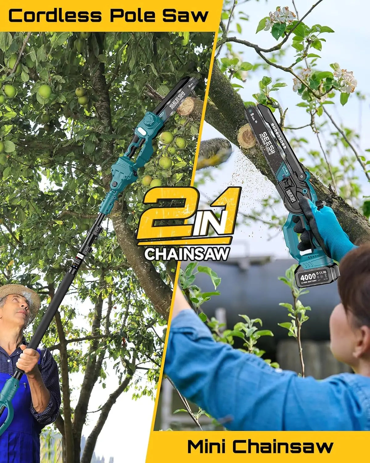 Seesii Cordless Brushless Telescopic Pole Chainsaw for Tree Trimming