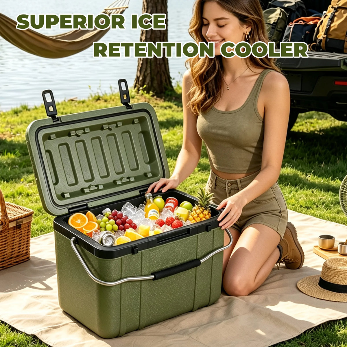 25 Quart Green Hard Shell Cooler Box, Ultra‑Light Insulated Ice Chest Cooler, Heavy‑Duty Portable Cooler with 5‑7 Days Ice Retention, for Camping Tailgating Job Site Fishing Outdoor Adventures
