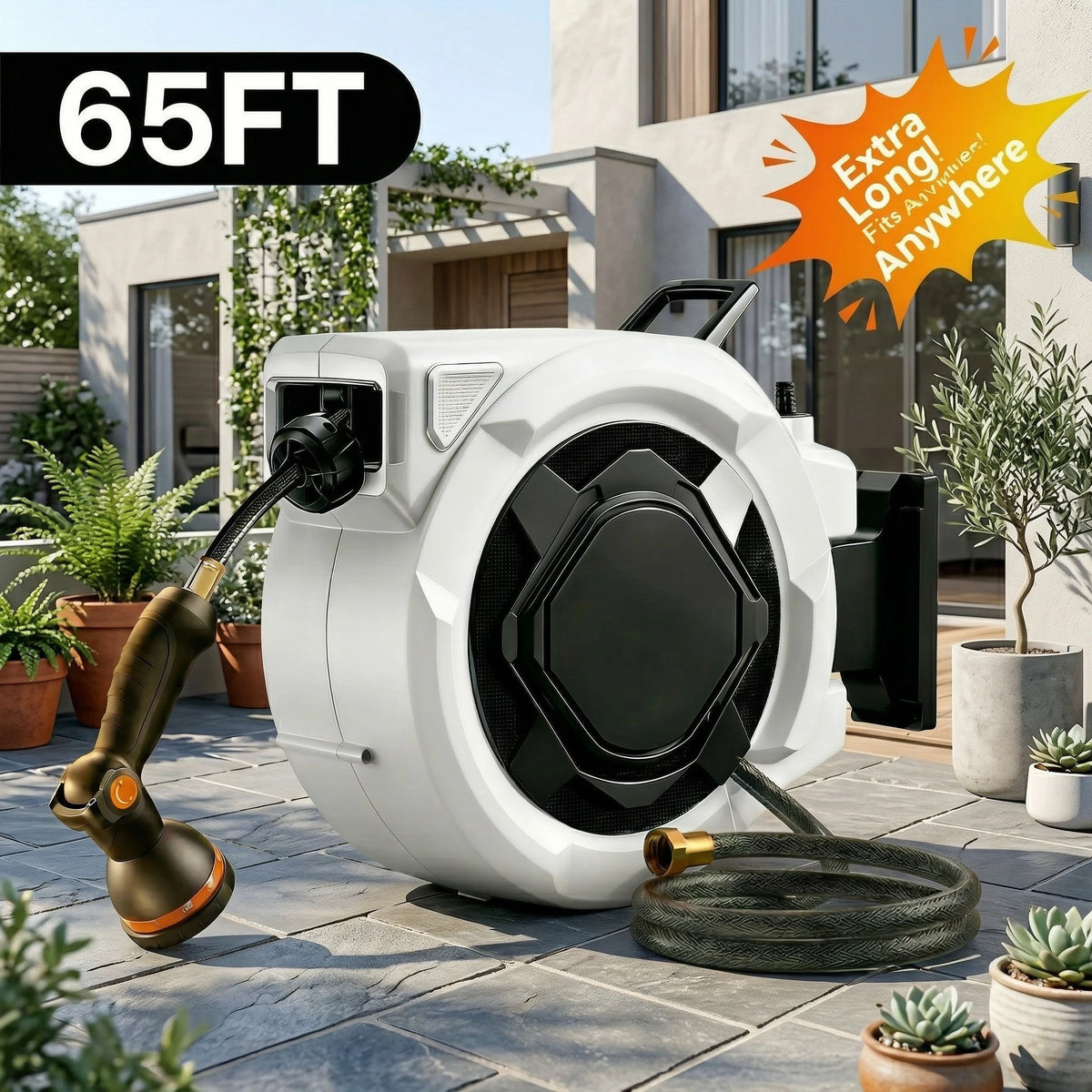 SUNPOW Retractable Garden Hose Reel - 5/8in x 65ft Heavy Duty Wall Mounted Hose Reel with 3/4in Brass Fitting & 10 Function Nozzle - Any Length Lock, Auto Rewind System, 180°Swivel Bracket - Gray