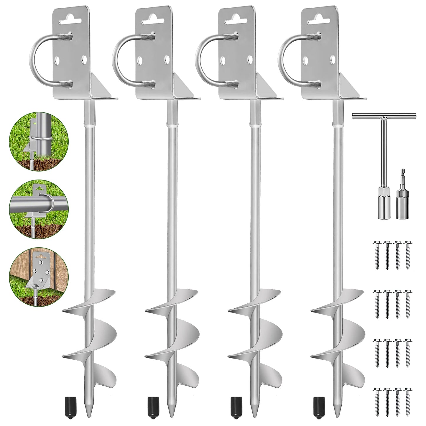 4 Pack 20 & 28 " Ground Anchors Screw in Shed Anchor with L Bracket Trampoline Anchor Spiral Swingset Anchors for Swing Set, Mobile Home, Fence, Playset, Tent, Canopy Carport  Silver Black