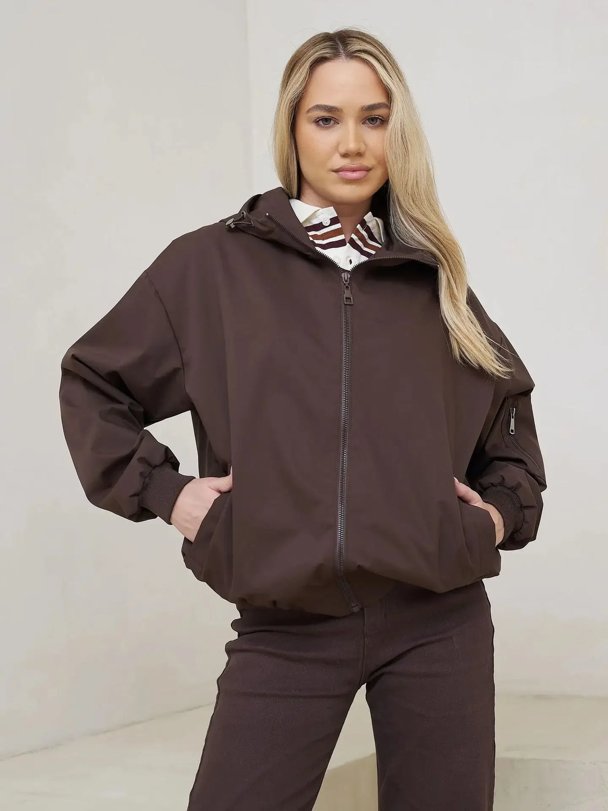 Womens Windproof Hooded Jacket With Secure Zipper Closure